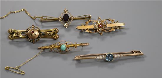 Five assorted gem set bar brooches, including four 9ct gold and one yellow metal.